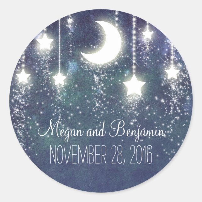 moon and stars enchanted romantic wedding classic round sticker (Front)