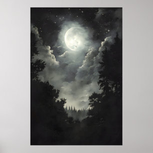 Moon and Stars Forest Print, Dark Academia Gothic Poster