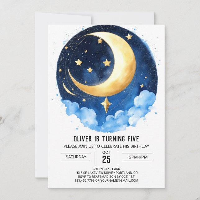 Moon and Stars Galaxy Adventure Birthday Invitation (Front)