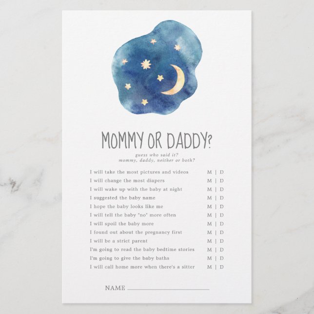 Moon and Stars Gender Neutral Mommy or Daddy Game (Front)