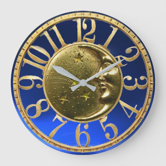 MOON AND STARS Gold Yellow Blue Large Clock (Front)