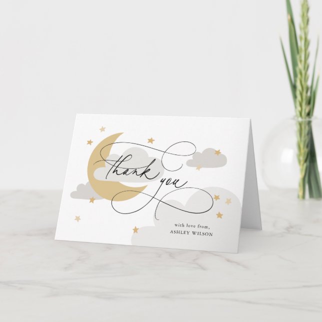 Moon and Stars Grey Script Baby Shower Thank You Card (Front)