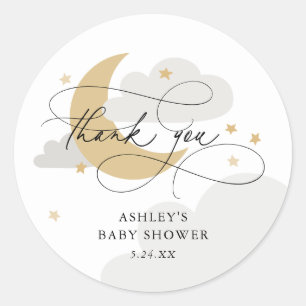 Moon and Stars Grey Script Baby Shower Thank You Classic Round Sticker