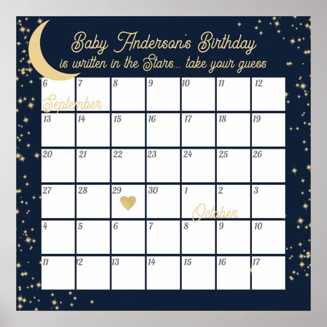 Moon and Stars Guess Baby's due date Poster (Devant)