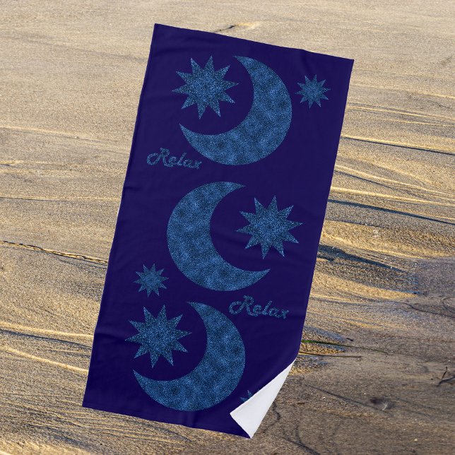 Moon and stars in a blue glitter look - Relax!  Beach Towel (Creator Uploaded)
