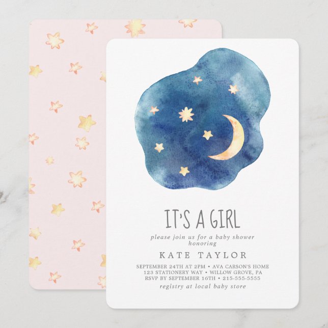 Moon and Stars It's A Girl Baby Shower Invitation (Front/Back)