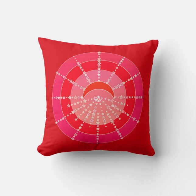 Moon and Stars Mandala - Red and Coral Throw Pillow (Front)