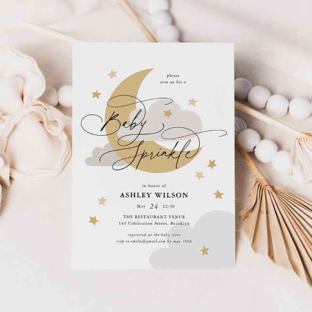 Moon and Stars Matte Neutrals Script Baby Sprinkle Invitation (Creator Uploaded)