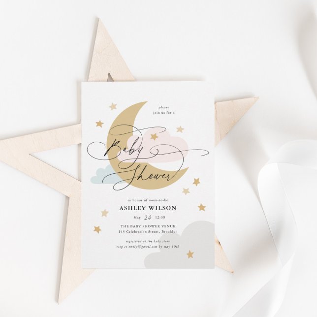 Moon and Stars Matte Pink Blue Script Baby Shower  Invitation (Creator Uploaded)