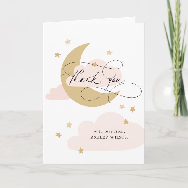 Moon and Stars Matte Pink Script Baby Shower Thank Thank You Card (Front)