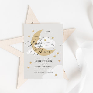 Moon and Stars Neutrals Elegant Script Baby Shower Invitation