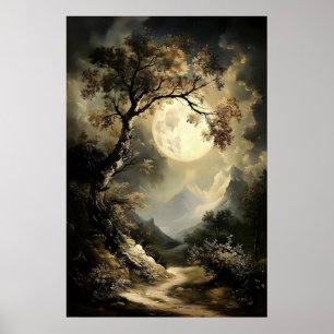 Moon and stars night in the forest, dark academia poster
