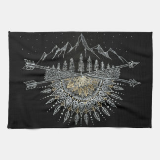 Moon and Stars Night Sky Mountain Range Mandala Kitchen Towel