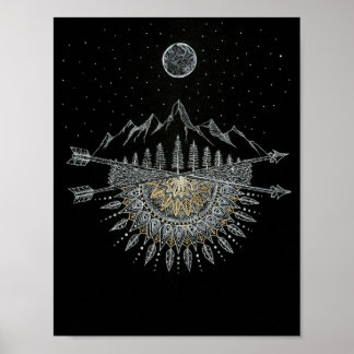 Moon and Stars Night Sky Mountain Range Mandala Poster