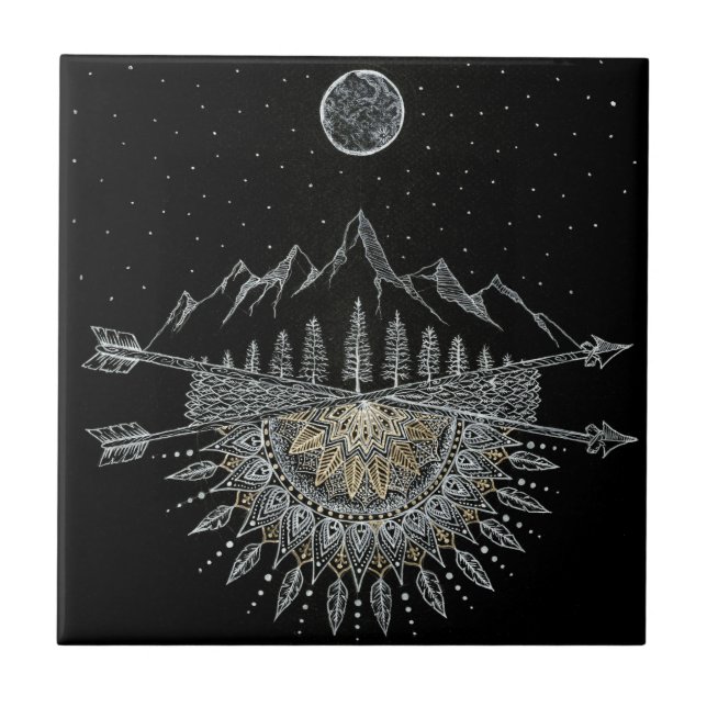 Moon and Stars Night Sky Mountain Range Mandala Tile (Front)