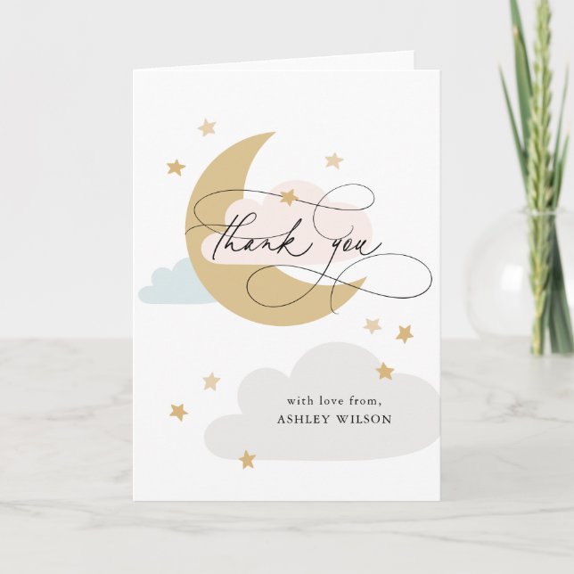 Moon and Stars Pink Blue Script Baby Shower Thank  Thank You Card (Front)