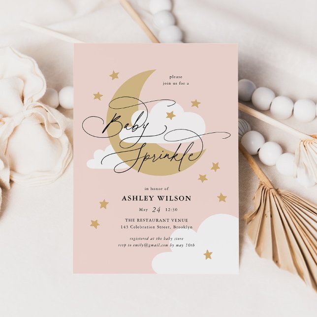 Moon and Stars Pink Elegant Script Baby Sprinkle Invitation (Creator Uploaded)
