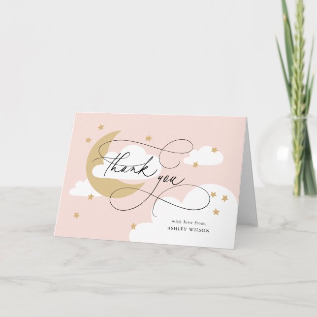Moon and Stars Pink Gold Script Baby Shower Thank You Card (Front)