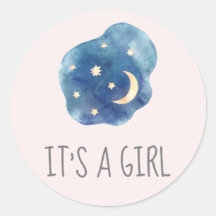 Moon and Stars Pink It's A Girl Baby Shower Classic Round Sticker
