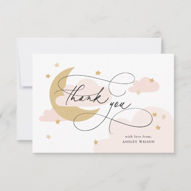 Moon and Stars Pink Script Baby Shower Thank You Card (Front)