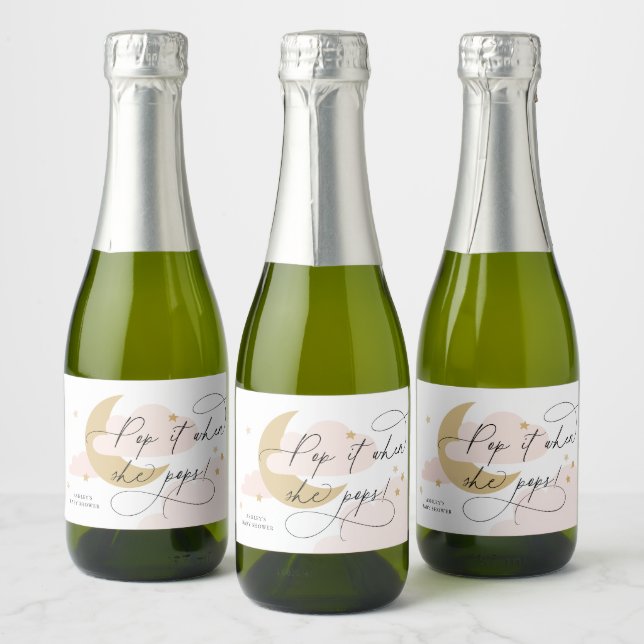 Moon and Stars Pink Script Pop It When She Pops Sparkling Wine Label (Bottles)