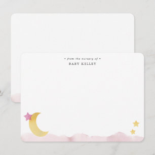 Moon and Stars, Pink Watercolor Personalized Flat Card