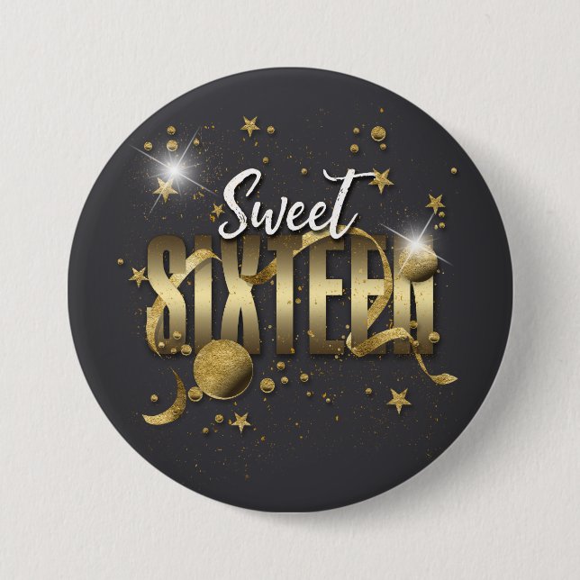 Moon and Stars Sweet 16 Gold/Blk ID788 3 Inch Round Button (Front)