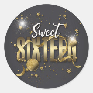 Moon and Stars Sweet 16 Gold/Blk ID788 Classic Round Sticker
