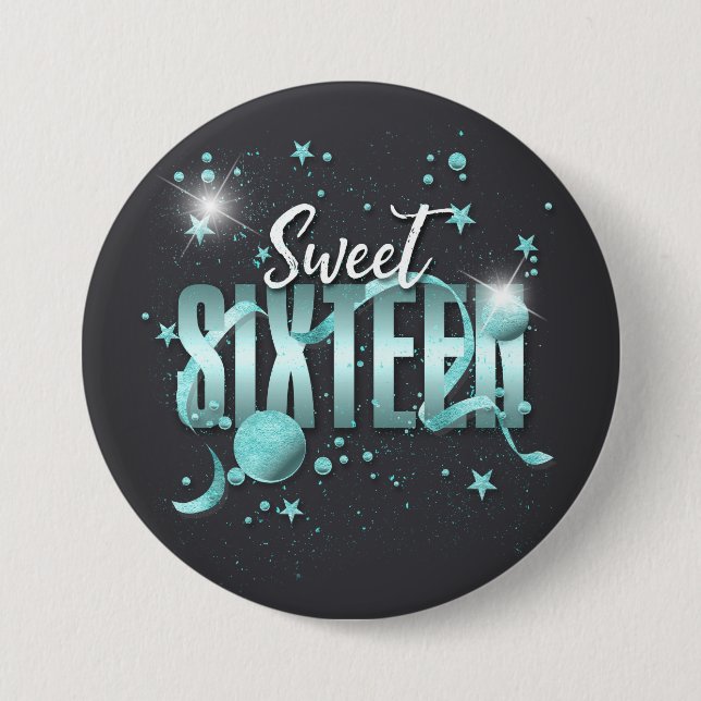 Moon and Stars Sweet 16 Teal/Blk ID788 3 Inch Round Button (Front)