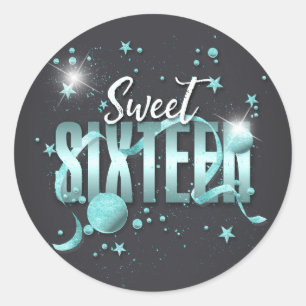 Moon and Stars Sweet 16 Teal/Blk ID788 Classic Round Sticker