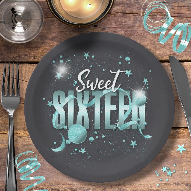 Moon and Stars Sweet 16 Teal/Blk ID788 Paper Plate (Creator Uploaded)