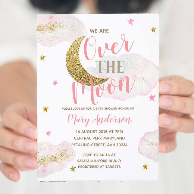 Moon and Stars Watercolor Pink Gold Baby Shower Invitation (Creator Uploaded)