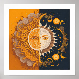 Moon and Sun , esoteric, Astrology boho fan Poster