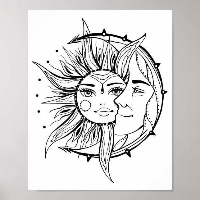Moon and sun. Vintage style tattoo illustration Poster (Front)