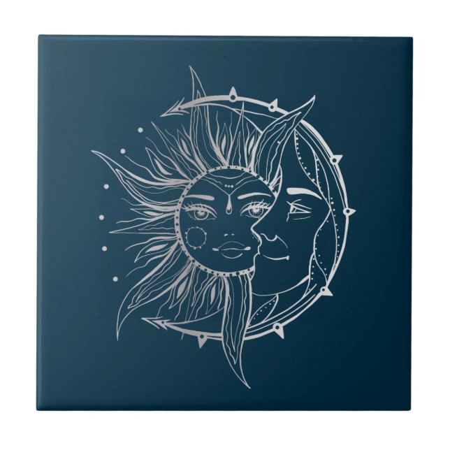 Moon and sun. Vintage style tattoo iluustration Tile (Front)