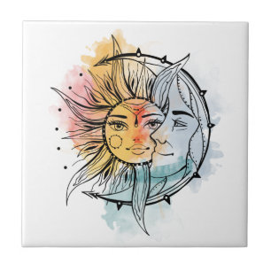 Moon and sun. Vintage style tattoo iluustration Tile