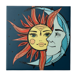 Moon and sun. Vintage style tattoo iluustration Tile