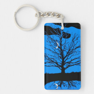 Moon and Tree, Cobalt Blue, Black & White Keychain