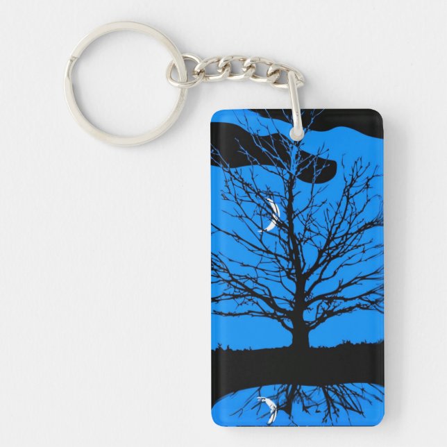 Moon and Tree, Cobalt Blue, Black & White Keychain (Front)