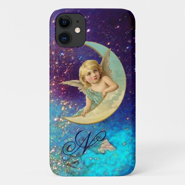 MOON ANGEL IN BLUE GOLD SPARKLES Monogram Case-Mate iPhone Case (Back)