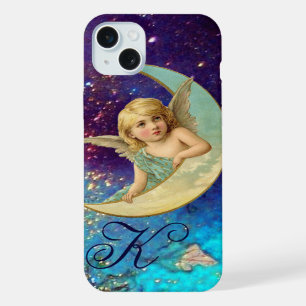 MOON ANGEL IN BLUE GOLD SPARKLES Monogram iPhone 15 Plus Case