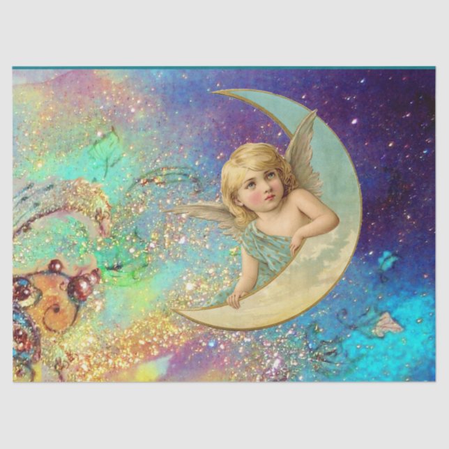 MOON ANGEL IN BLUE GOLD YELLOW FLORAL SPARKLES TISSUE PAPER (Front)