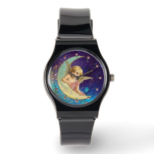 MOON ANGEL IN BLUE GOLD YELLOW SPARKLES WATCH
