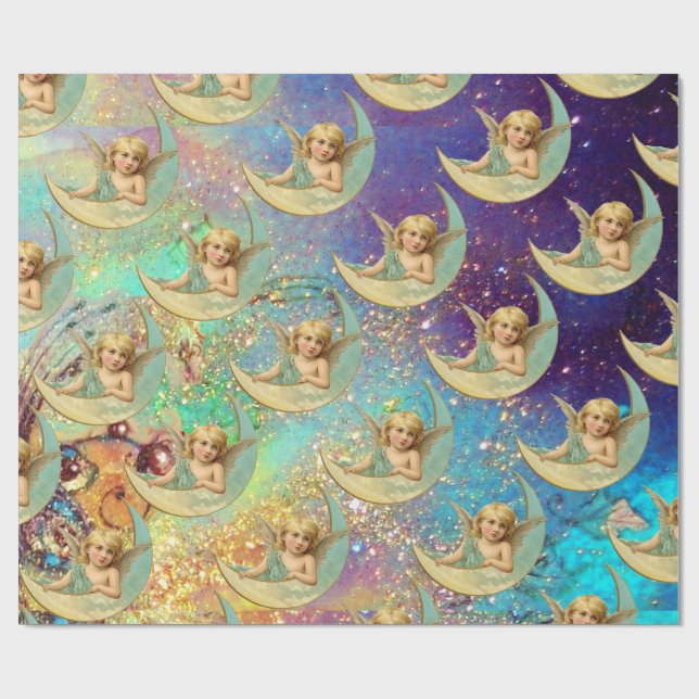 MOON ANGEL IN BLUE GOLD YELLOW SPARKLES WRAPPING PAPER (Flat)