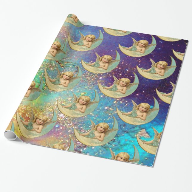 MOON ANGEL IN BLUE GOLD YELLOW SPARKLES WRAPPING PAPER (Unrolled)