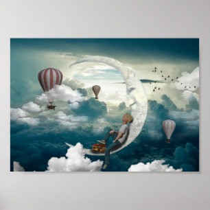 Moon Art Boy on the Moon Artwork Fantasy Poster