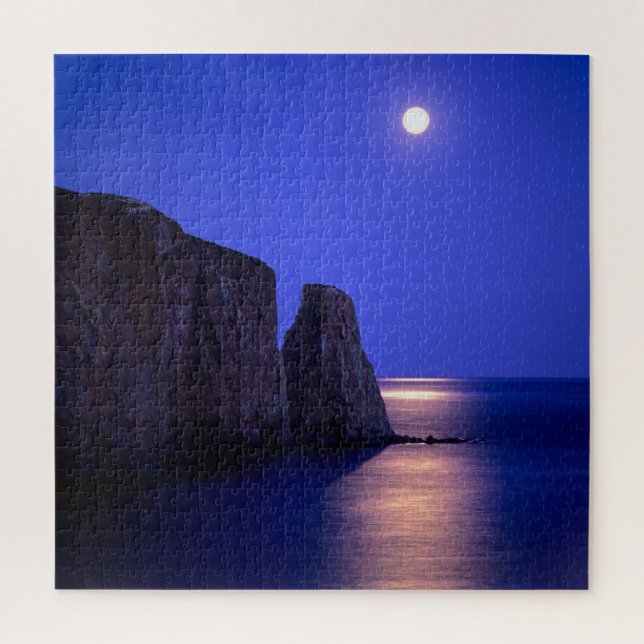 Moon At Dusk | Perce Rock Gaspe Coast Quebec Jigsaw Puzzle (Vertical)