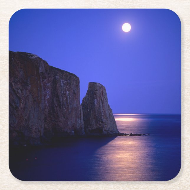 Moon At Dusk | Perce Rock Gaspe Coast Quebec Square Paper Coaster (Front)