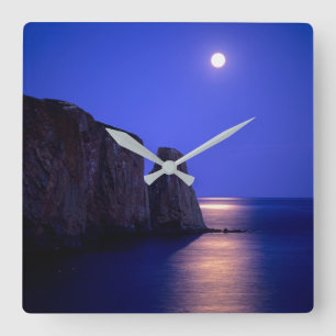 Moon At Dusk Perce Rock Gaspe Coast Quebec Square Wall Clock
