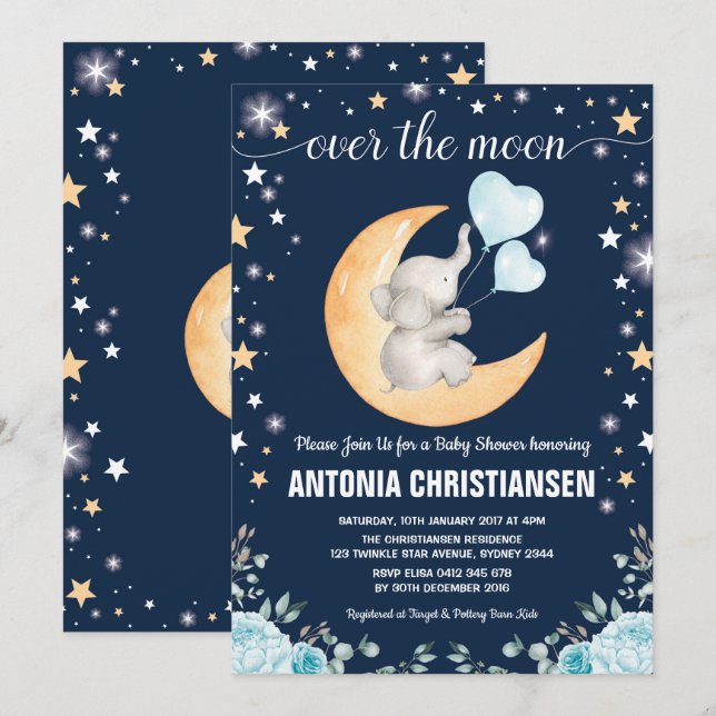 Moon Baby Shower / Twinkle Star Elephant Baby Boy Invitation (Front/Back)